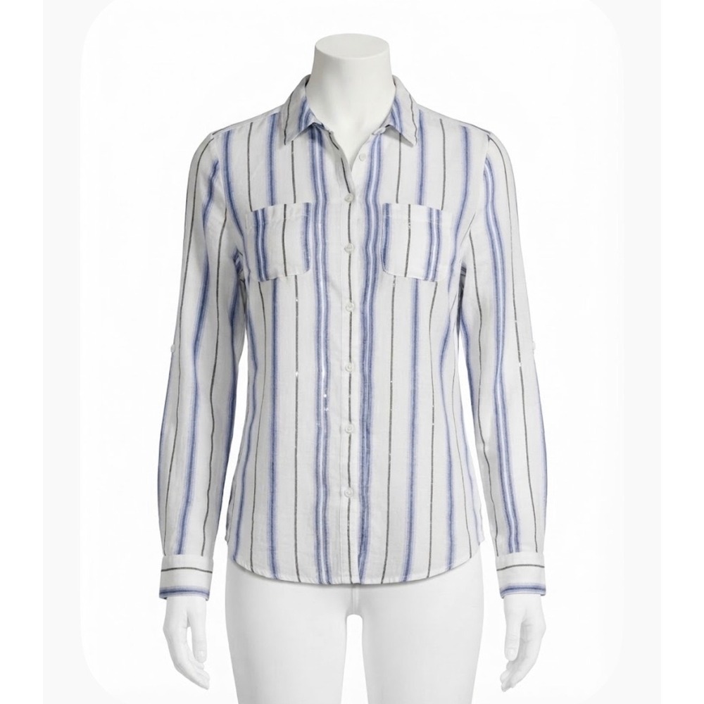 Charter Club Luxury Linen Striped Button Down Shirt White Blue Metallic Small